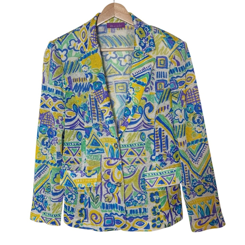 Morado Lightweight Colorful Abstract Pattern Jeweled Button Knit Blazer Size S